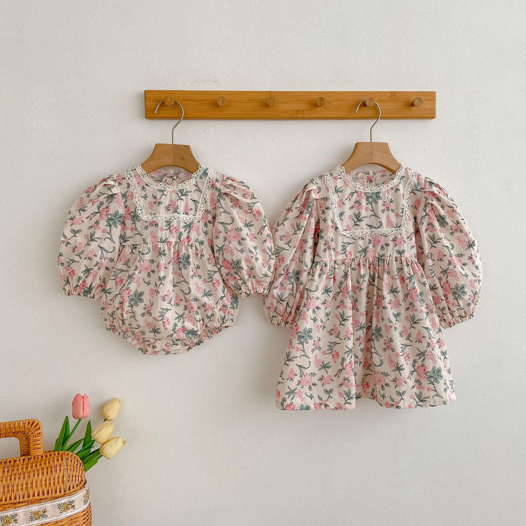 Baby Girl Flower Print Pattern Mesh Patchwork Design Onesies & Dress-0