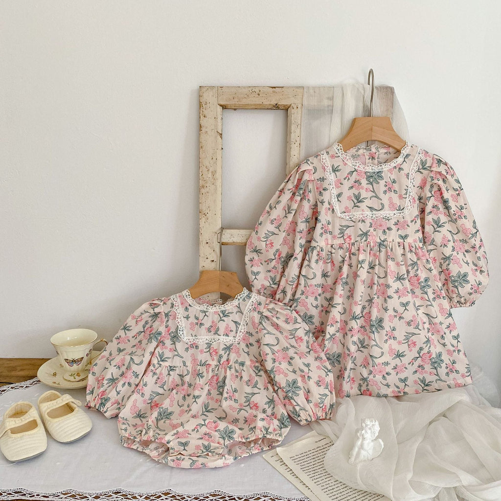 Baby Girl Flower Print Pattern Mesh Patchwork Design Onesies & Dress-2