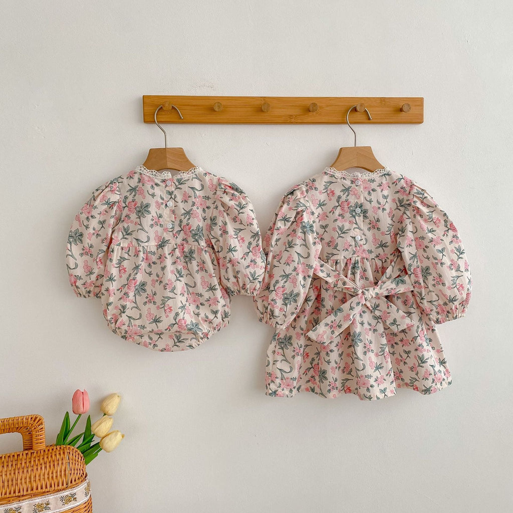 Baby Girl Flower Print Pattern Mesh Patchwork Design Onesies & Dress-3
